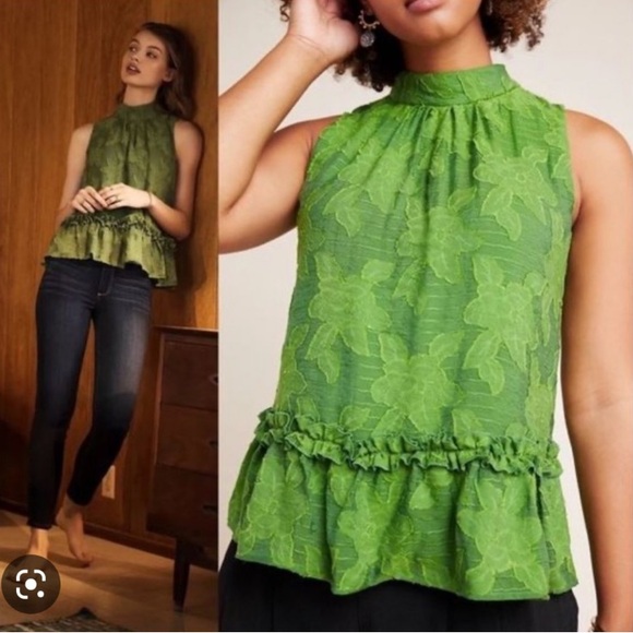 Anthropologie Tops - Maeve by Anthropologie Embroidered Green High Neck Floral Blouse 10
